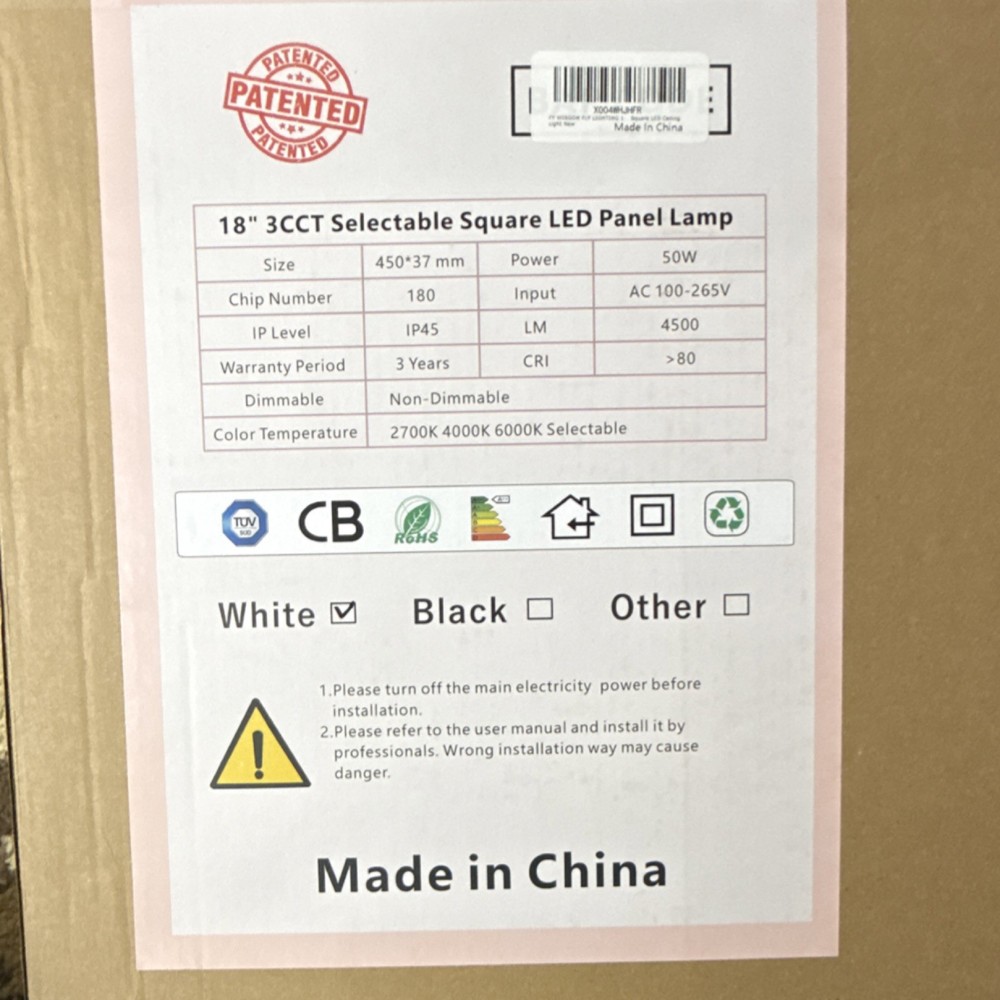 18" Square LED Panel Light, 3CCT Selectable, 50W, 4500LM, IP45, White