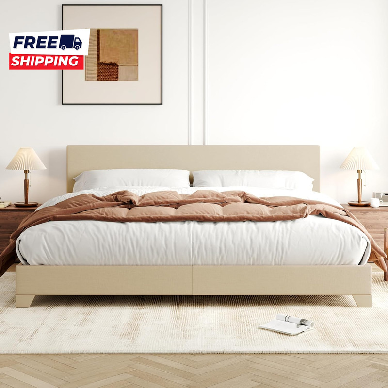 King Size Bed Frame with Adjustable Headboard Upholstered Platform Bed gallery