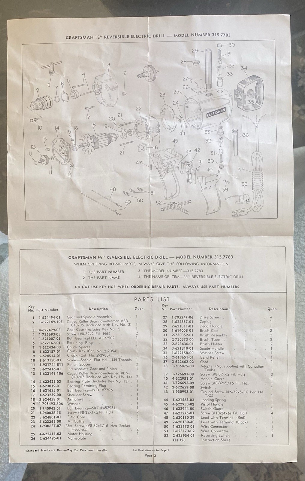 Assembly, Operating Instructions, Parts List 1/2" Craftsman Drill 315.7783 gallery