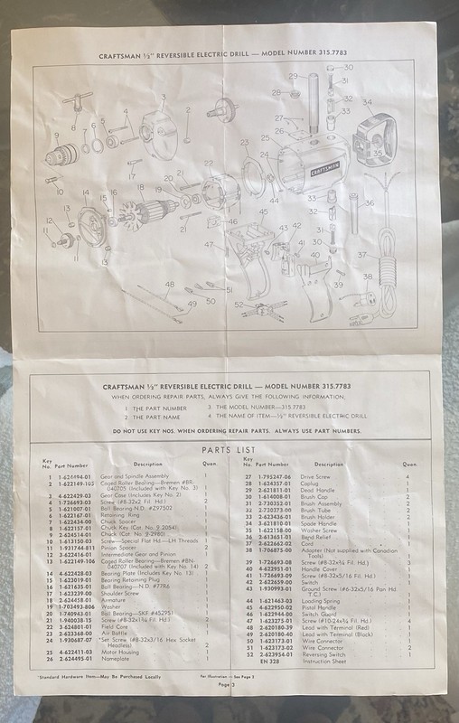 Assembly, Operating Instructions, Parts List 1/2" Craftsman Drill 315.7783 gallery