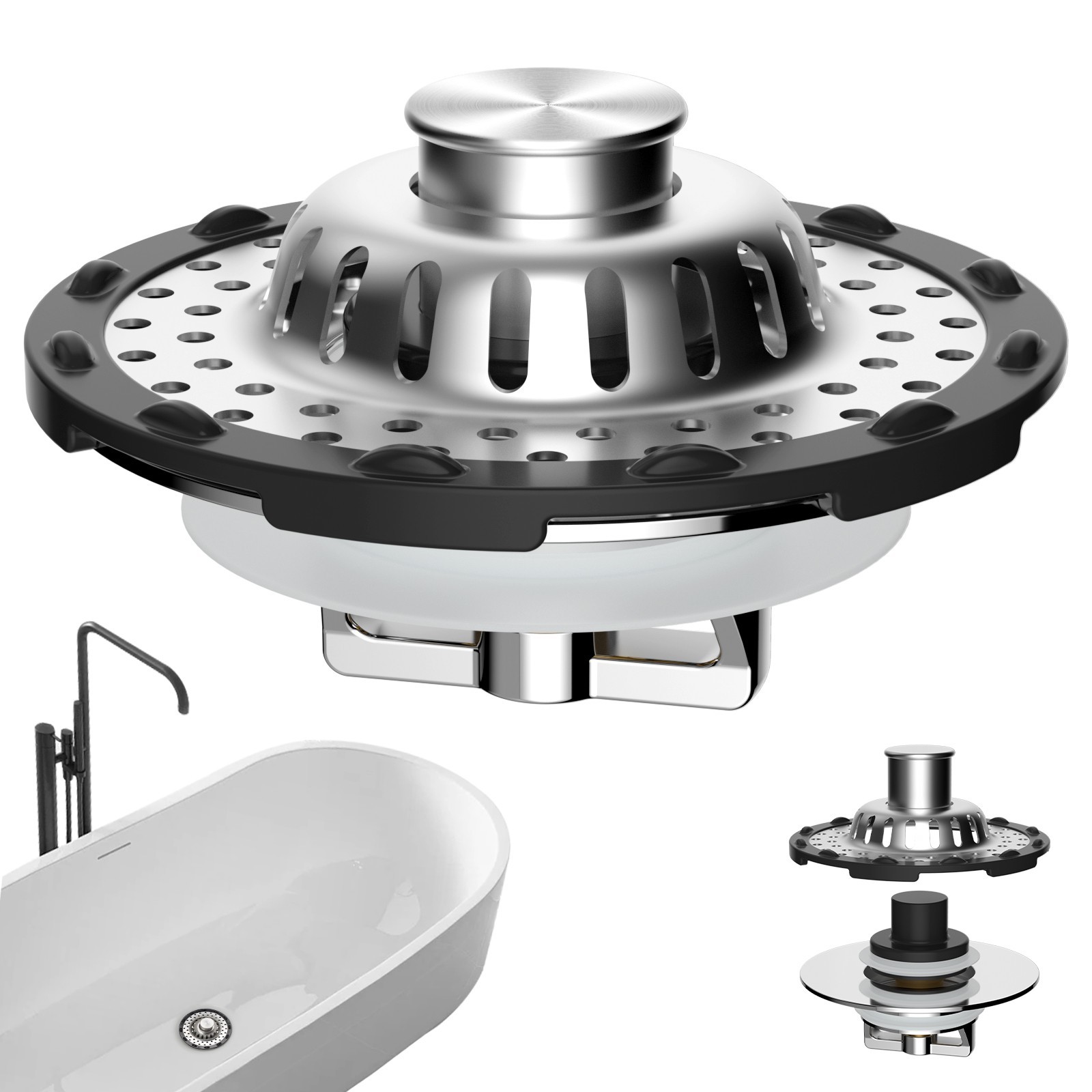 Universal Bathtub Drain Stopper - Pop-Up Hair Catcher for Tub 1.5 to 2.4" Hole gallery