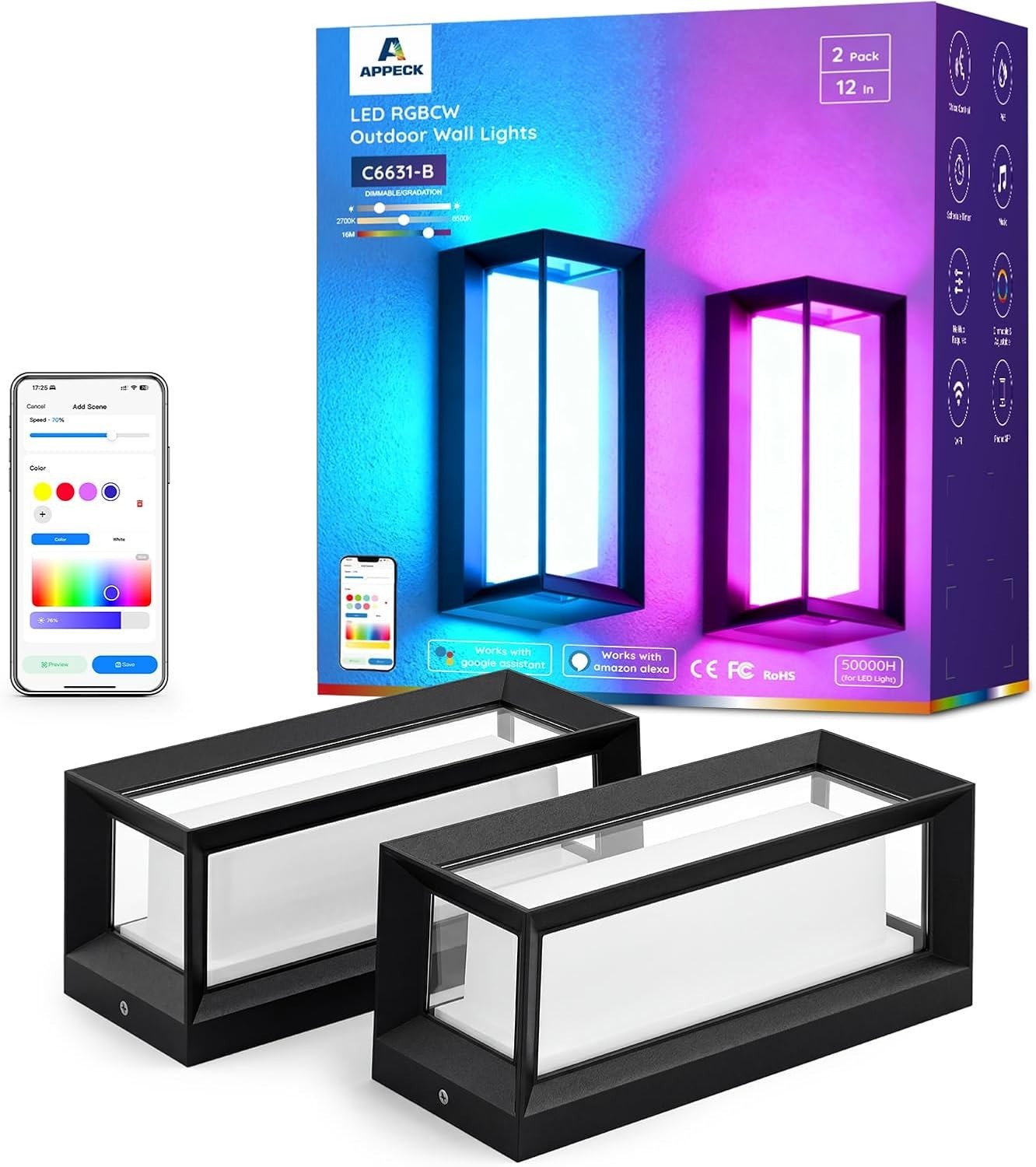 Smart RGBCW Outdoor Wall Lights 2 Pack, 1600LM Super Bright Color Changing LED W gallery