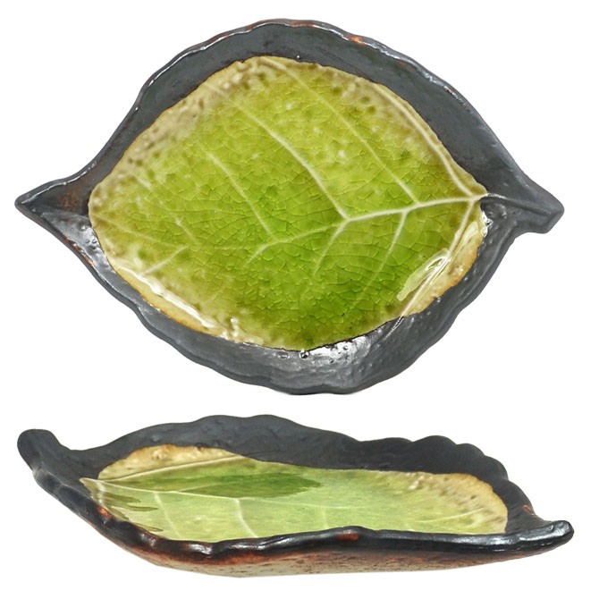 Japanese 8" Ceramic Dinner Serving Dish Plate Lime Green Brown Rust Crackle Leaf