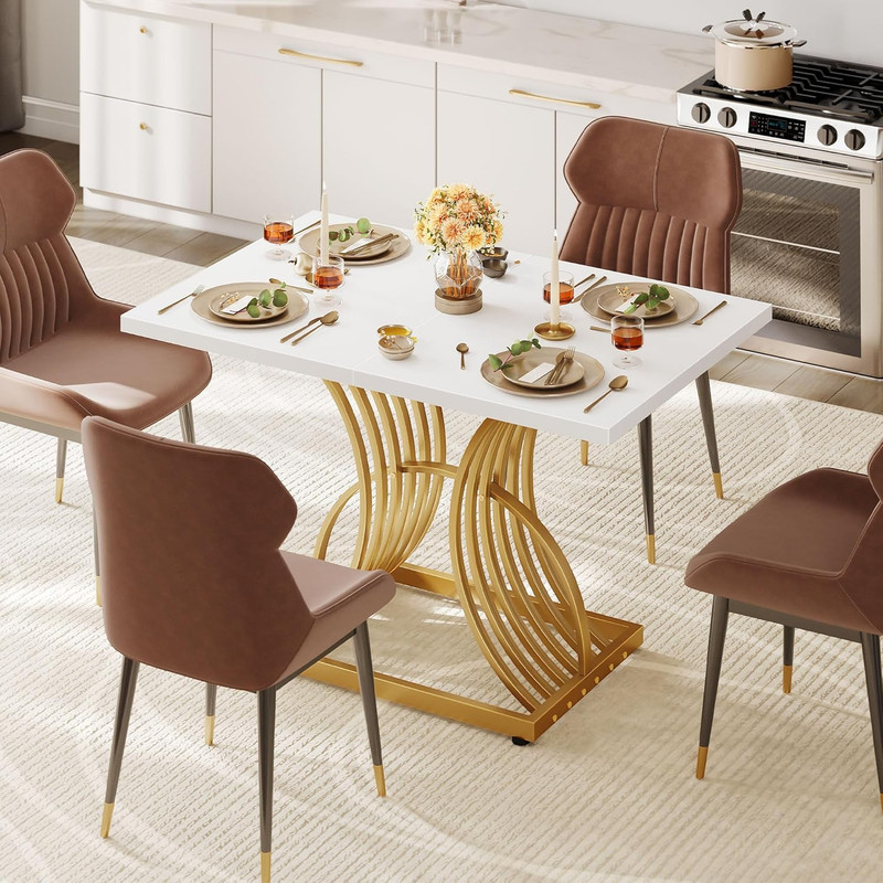 Stylish 47" Rectangular Dining Table for 4 with White Top & Gold Legs gallery