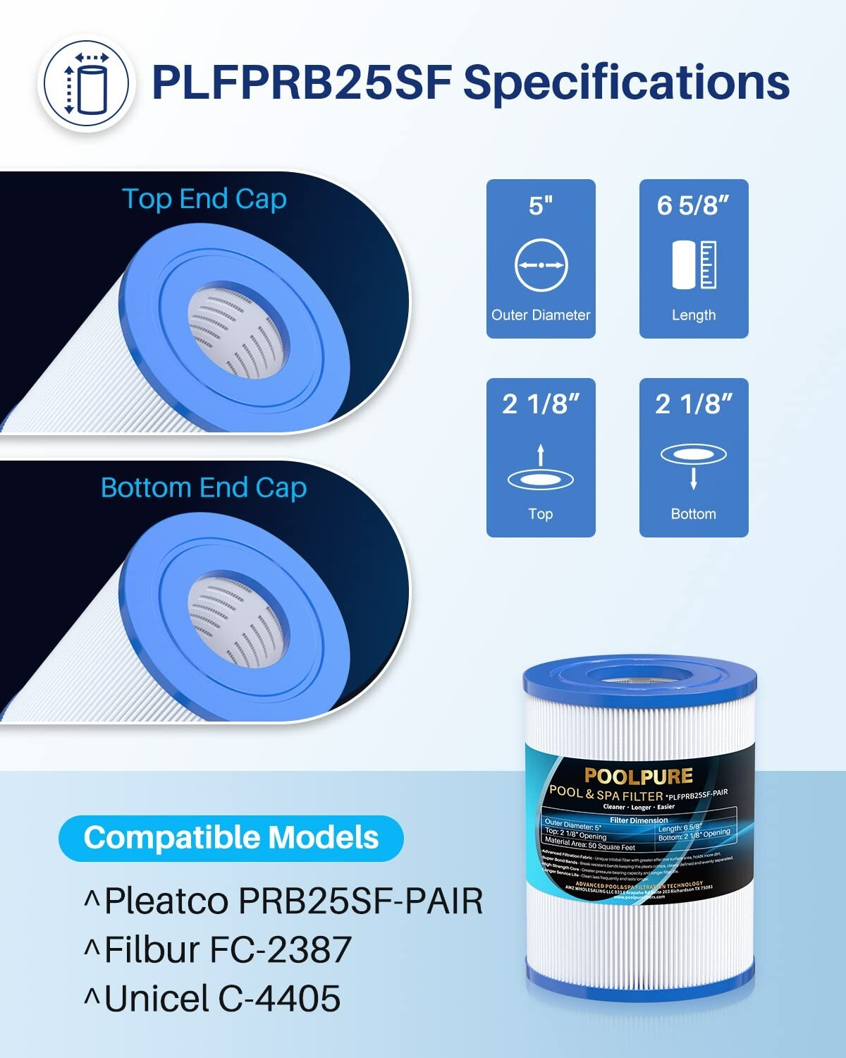 POOLPURE PRB25SF Spa Filter Replaces Unicel C-4405, Filbur FC-2387, PRB25SF-PAIR gallery