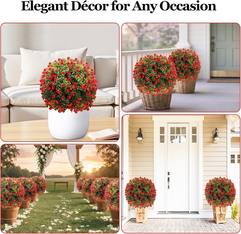 2 Pack Artificial Red Rose Topiary Ball Tree 26" with Ground Spikes UV Resistant gallery