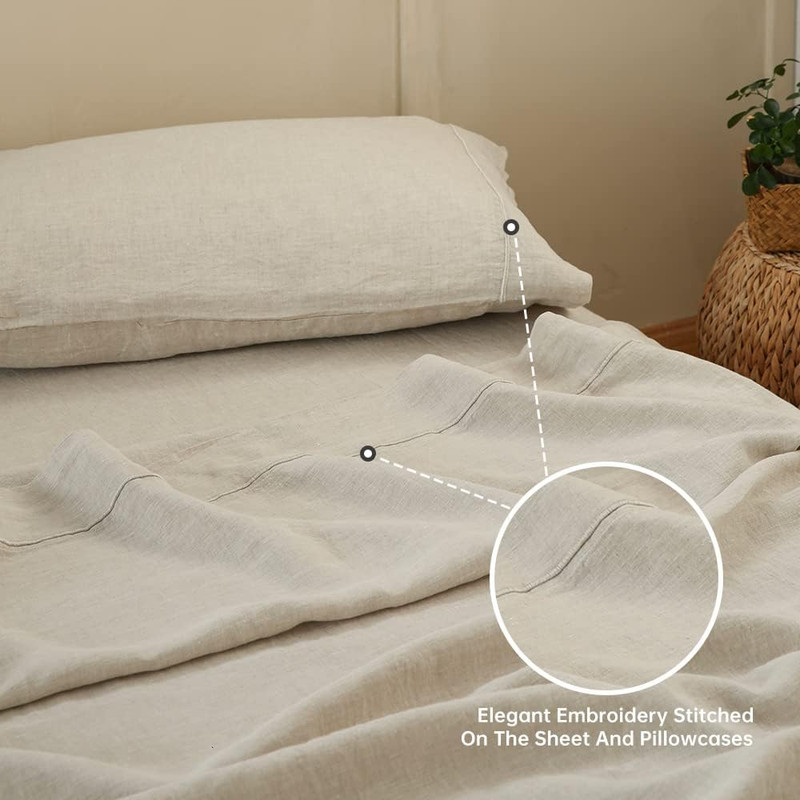 Linen King Sheet Set - 100% Soft Embroidered Natural Flax Bedding, 4 Pieces gallery