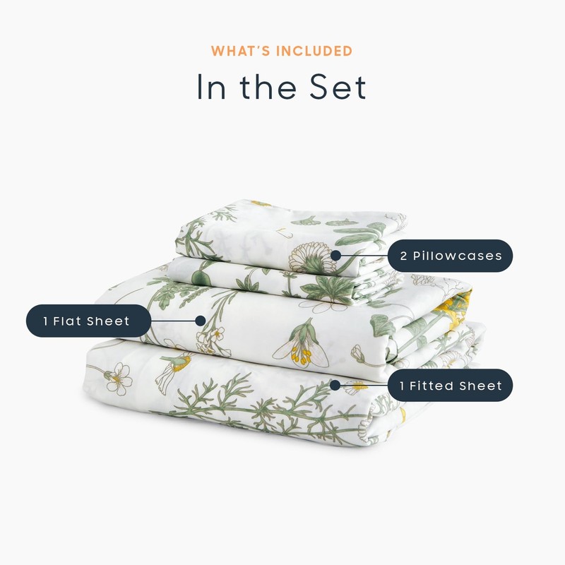 Wake In Cloud - Botanical Sheet Set, Yellow Flowers and Green Leaves Floral gallery