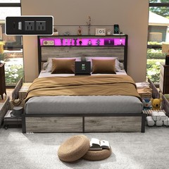 Queen Size Bed Frame with 4 Storage Drawers and Charging Station ＆ LED Lights