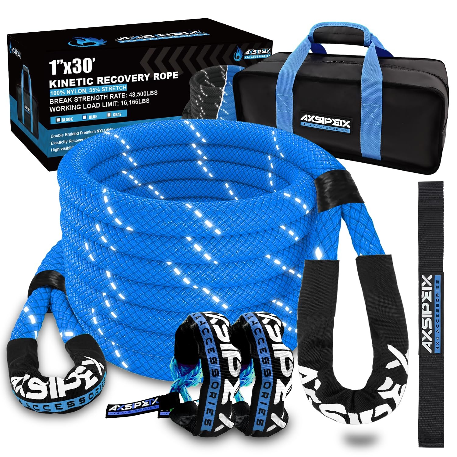 AXSIPEIX Kinetic Recovery Rope Kit Reflective, 1in x 30ft 48,500Lbs, 35 High gallery