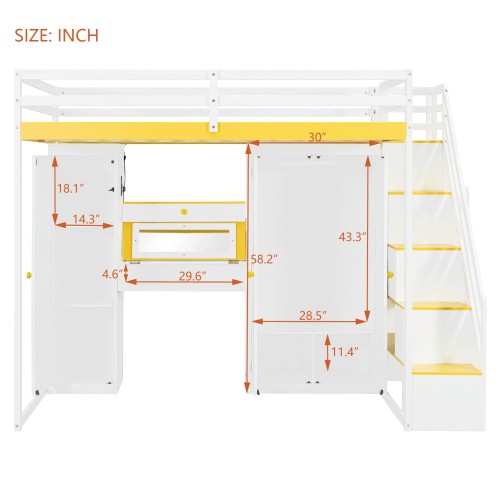 Full Size Loft Bed with Storage Stairs,Wardrobe Dressing Table Mirror LED Lights gallery