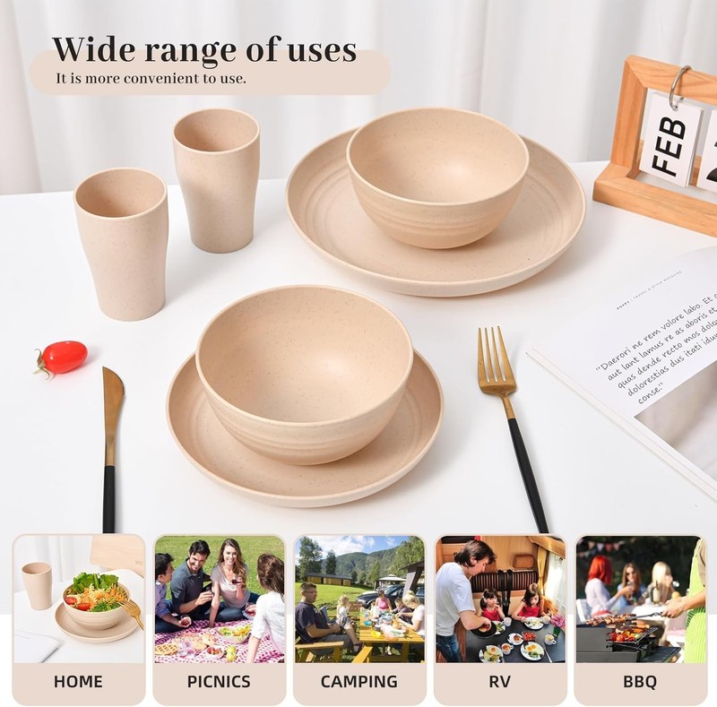 24 - Piece Wheat Straw Dinnerware Set - Plates and Bowls for 6, Unbreakable, Dis gallery