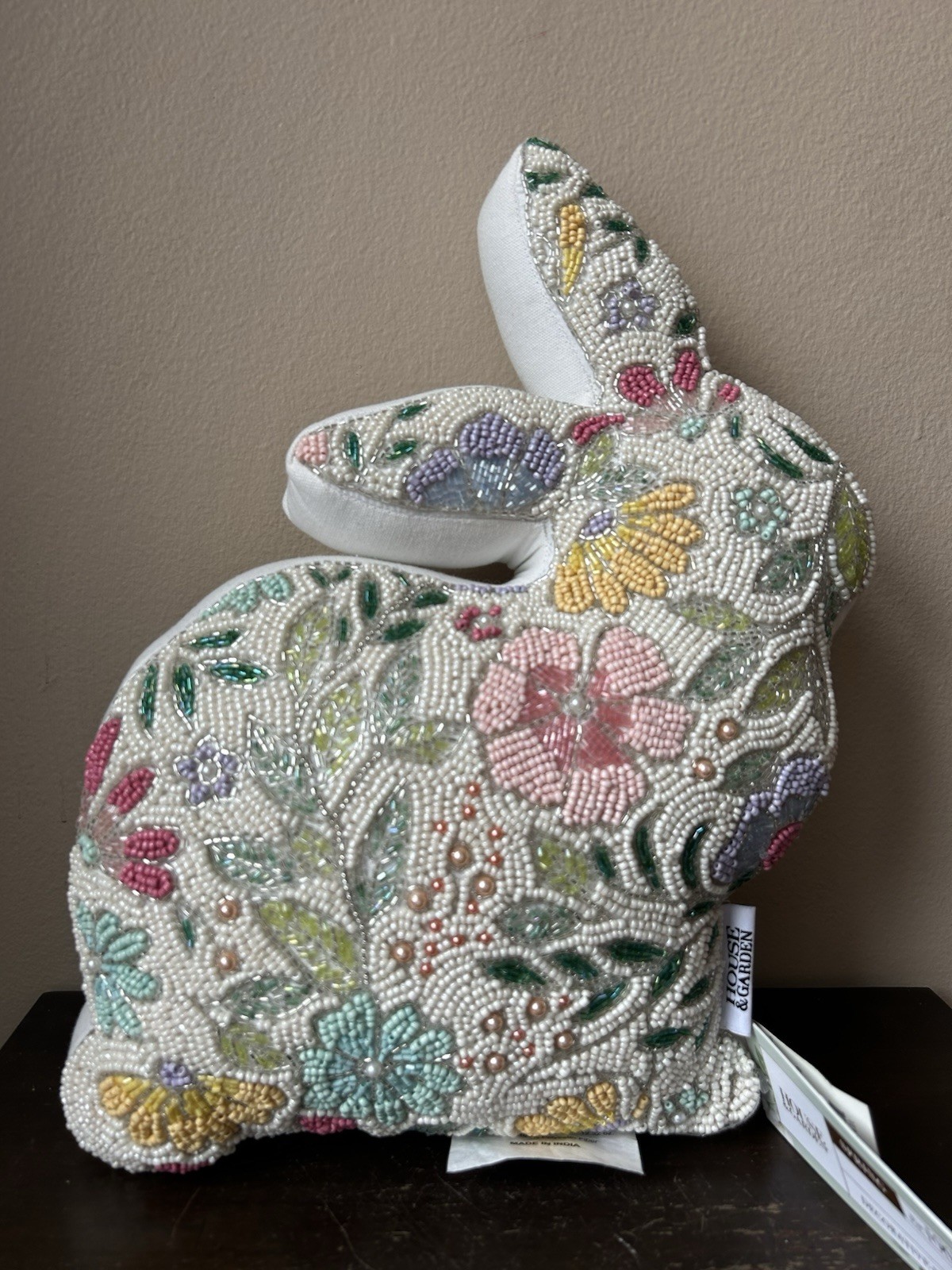 House & Garden Beaded Easter Bunny Rabbit Shaped Pillow 15”x10” Floral New gallery
