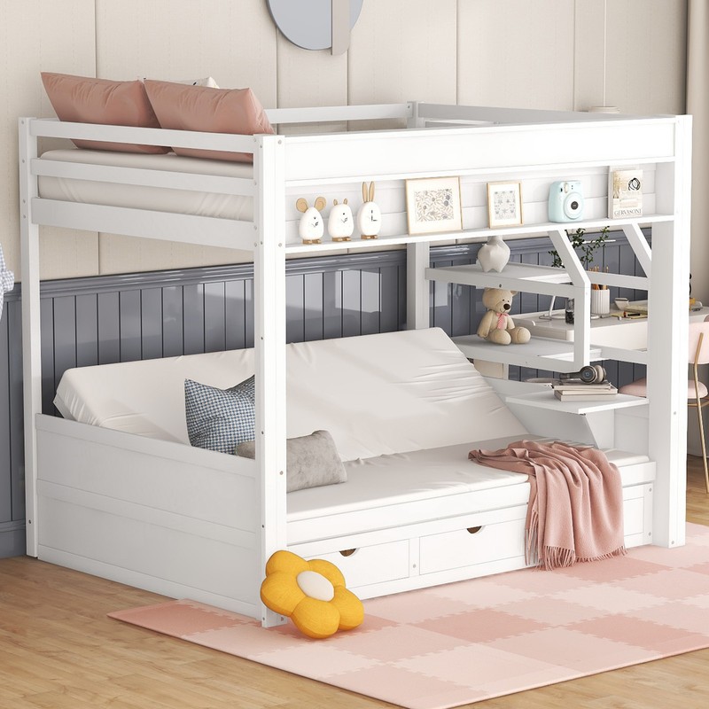 Full Size Bunk Bed with Convertible Storage Staircase, & Underbed Drawers, White gallery