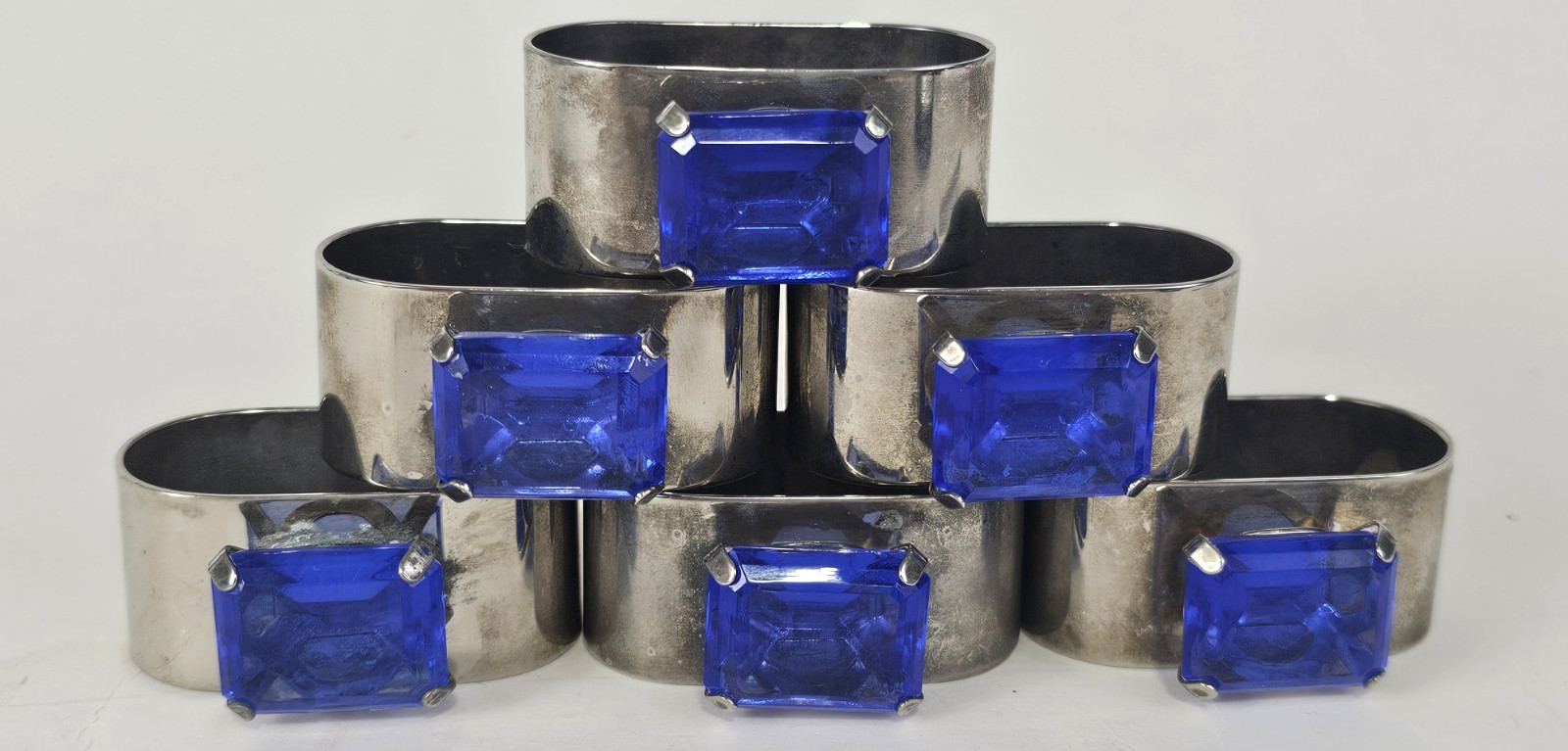 Vintage Silver Tone W/ Blue Acrylic Sapphire Faceted Jewel Napkin Rings Lot of 6 gallery