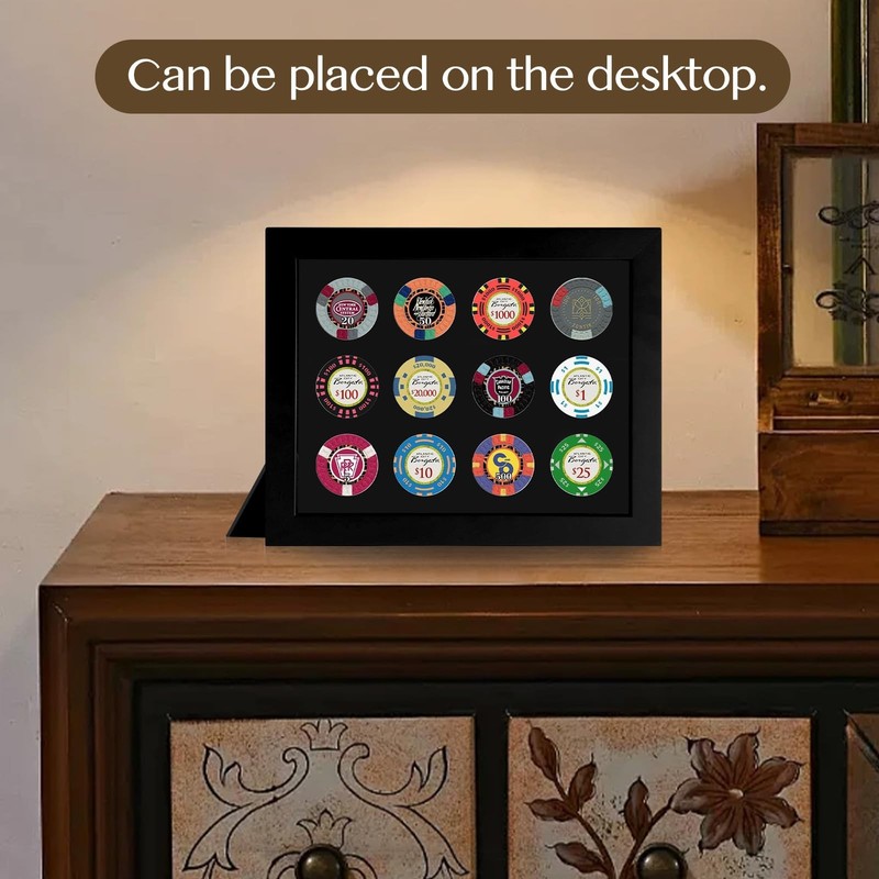 12 Chip Poker Display Frame - Wall Mount/Tabletop, EVA Foam Lining, Black Flocke gallery