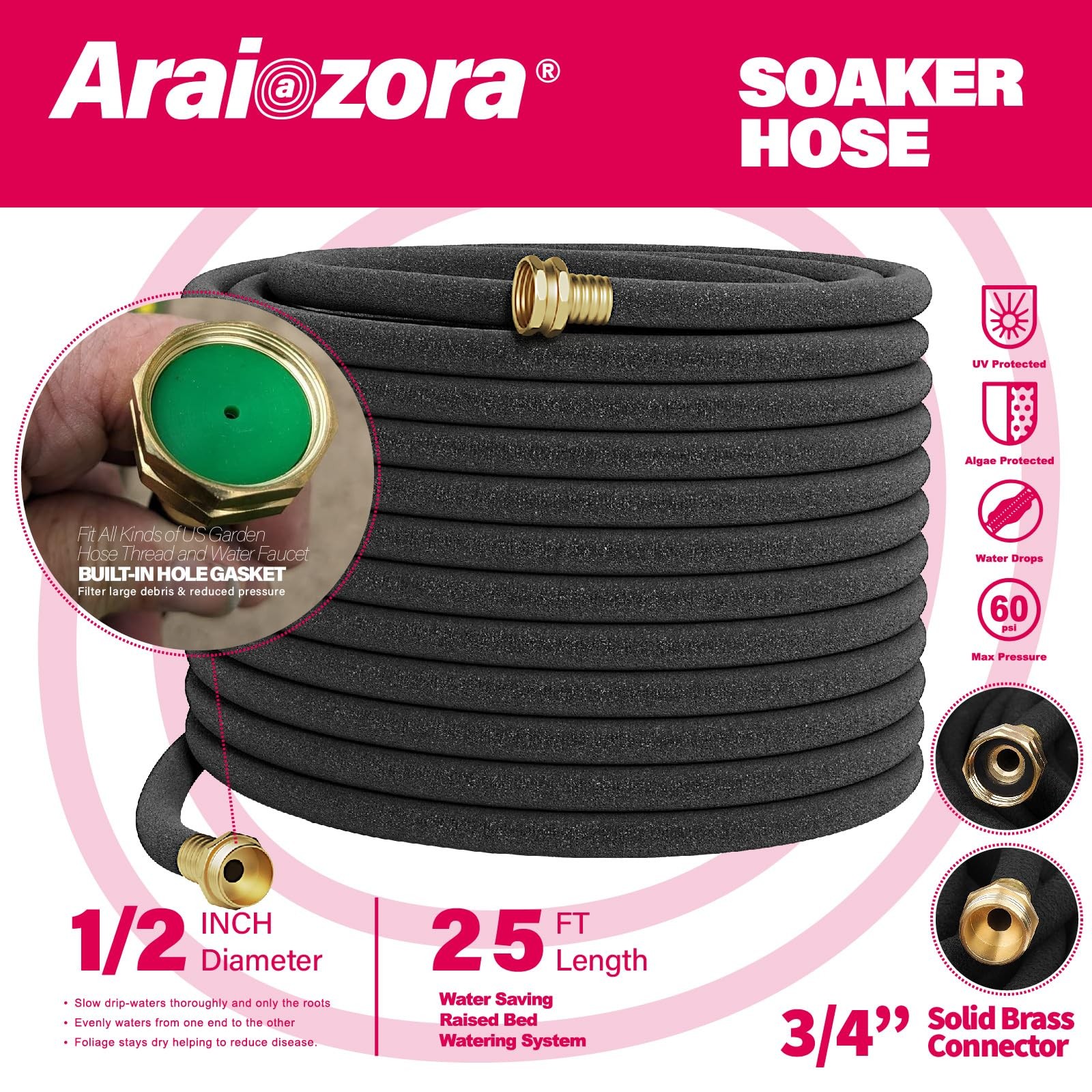 1/2 Inch x 25 FT Garden Soaker Hose Deep Root Watering Brass Connectors gallery