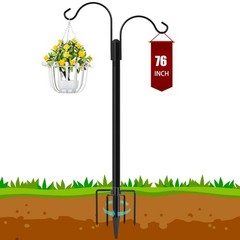 Double Shepherds Hooks for Outdoor, 76 Inch Bird Feeder Pole with 5 Prong Bas…