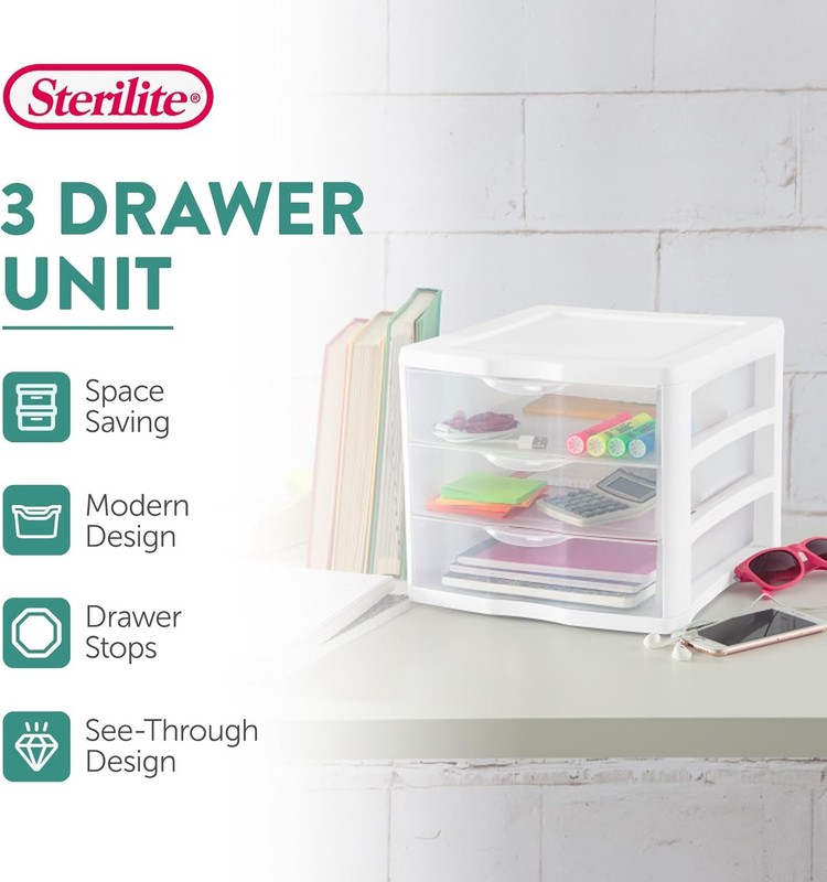 4-Pack 3 Drawer Unit, Stackable Plastic Organizer with Drawers,White Frame-Multi gallery