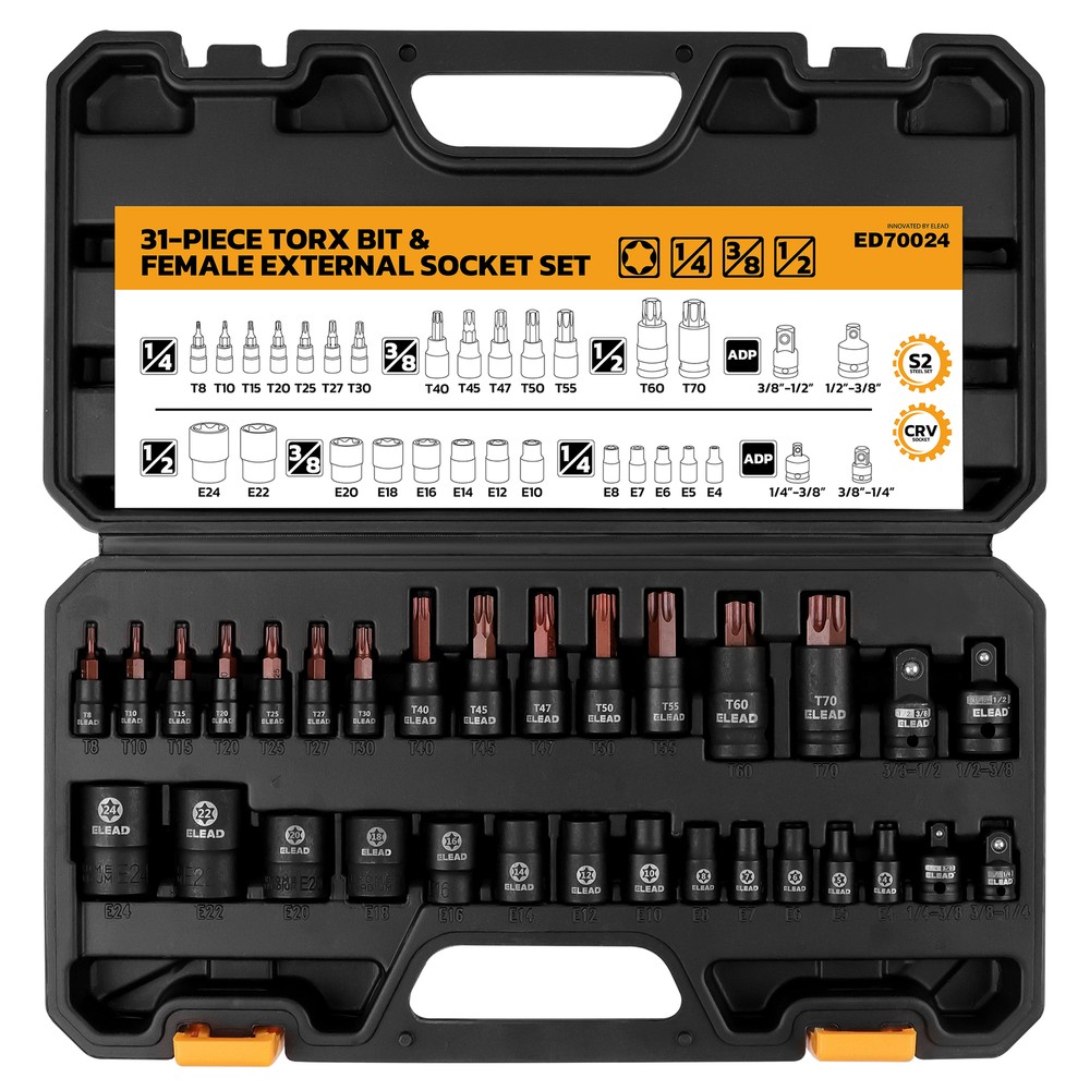 31PC Torx Bit Socket Set T8-T70 & E-Torx E4-E24 S2 Alloy Steel Star Premium CR-V