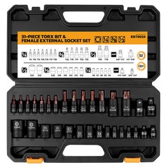 31PC Torx Bit Socket Set T8-T70 & E-Torx E4-E24 S2 Alloy Steel Star Premium CR-V