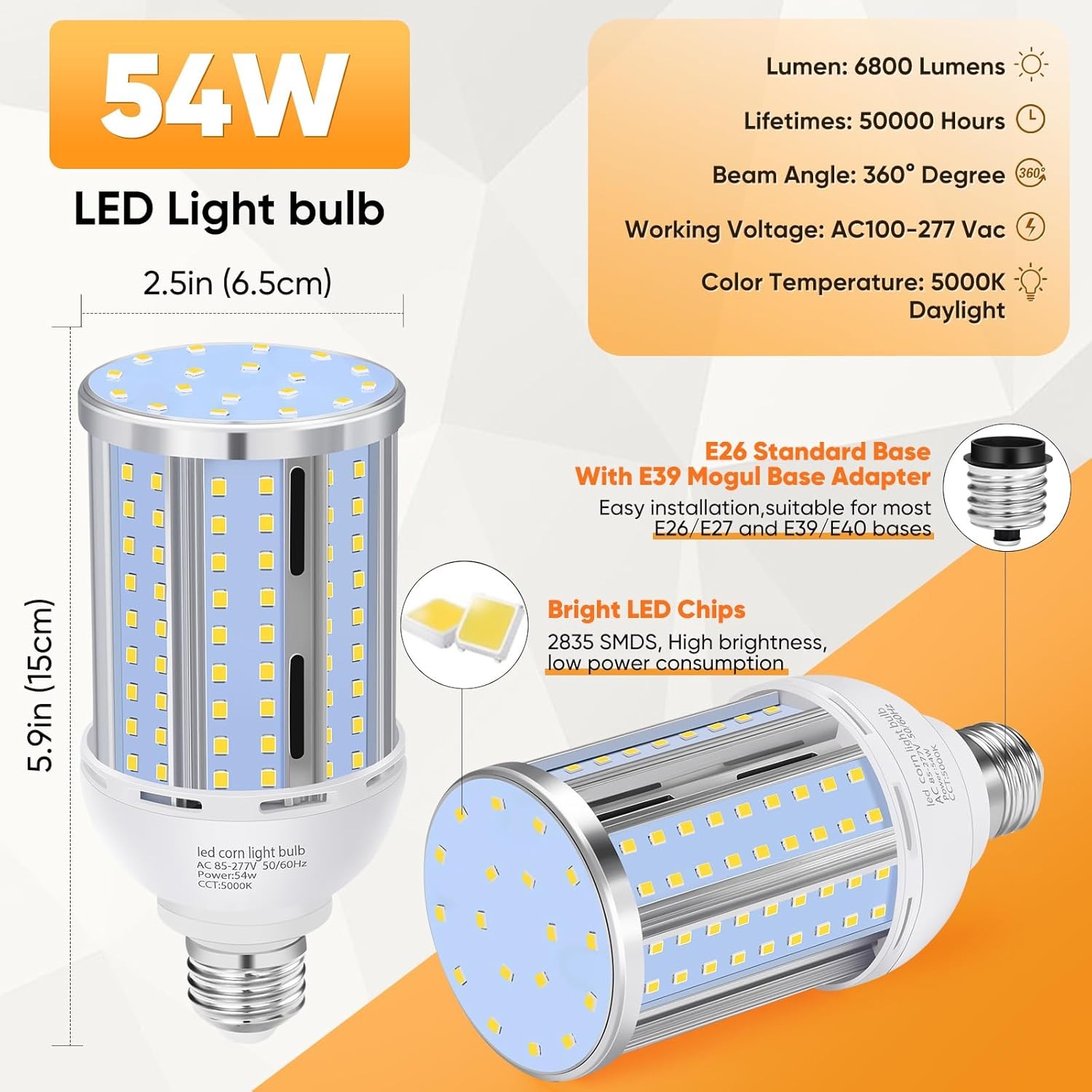 XYCN 6 Pack 54W Corn LED Light Bulb 5000K 6800LM gallery