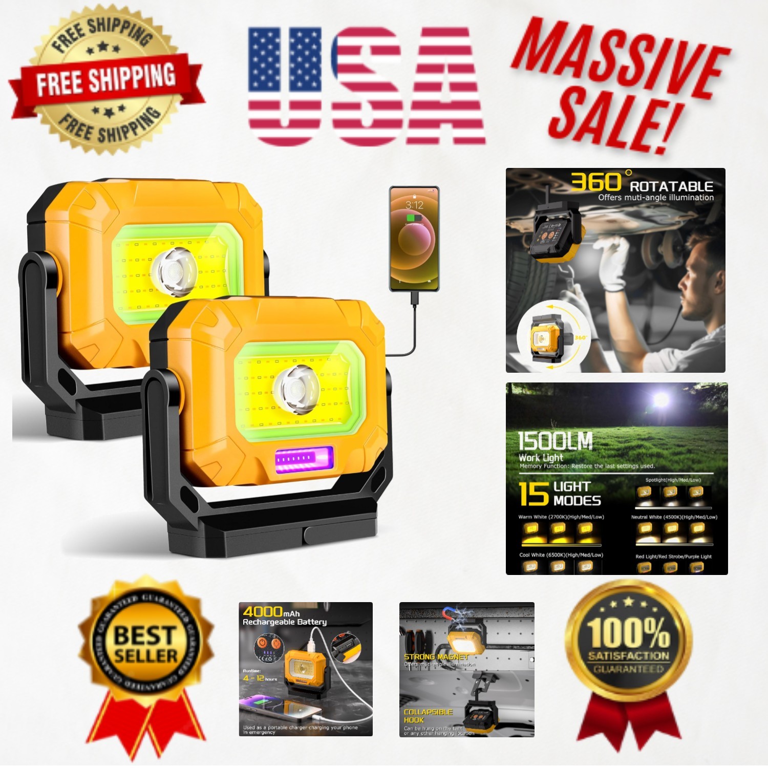 2-Pack Magnetic Work Light: 1500LM, 4000mAh Rechargeable for Camping & Repairs gallery