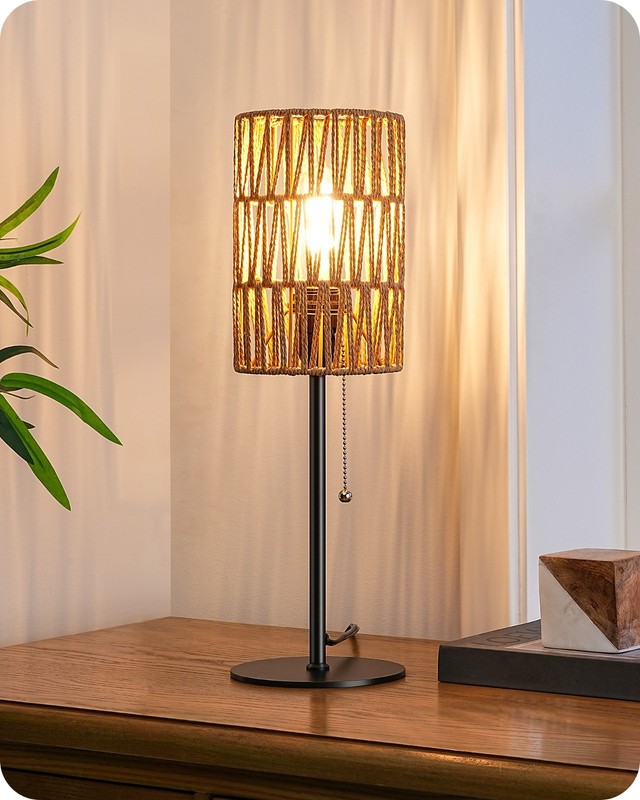 EDISHINE Rattan Table Lamp, Boho Nightstand Lamp with Pull Chain, E26 Socket gallery