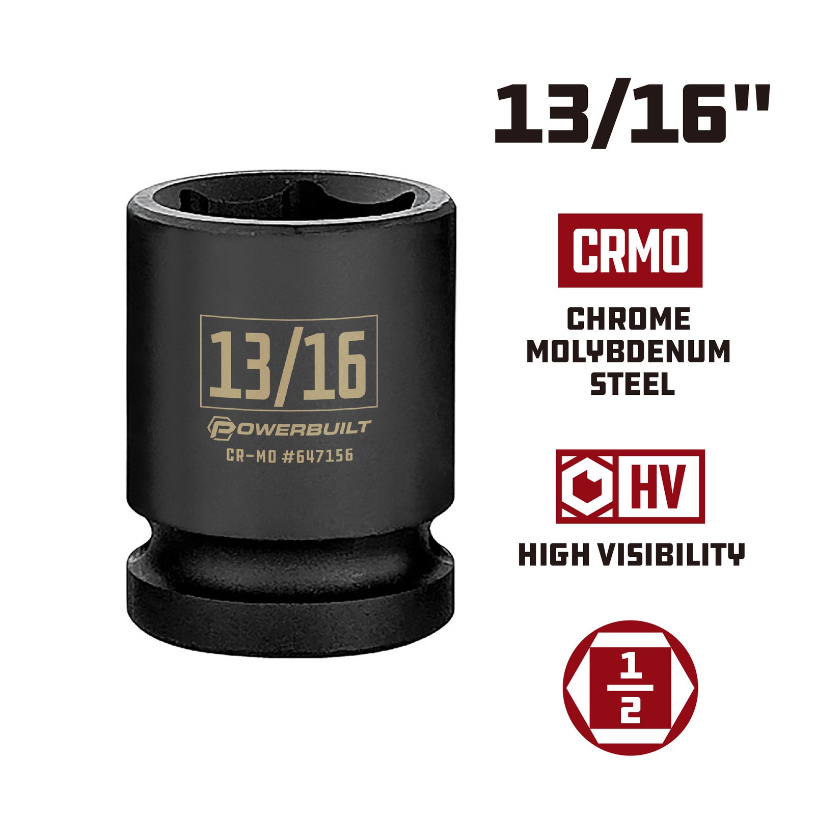 Powerbuilt 1/2 Inch Drive x 13/16 Inch 6 Point Impact Socket - 647156 gallery