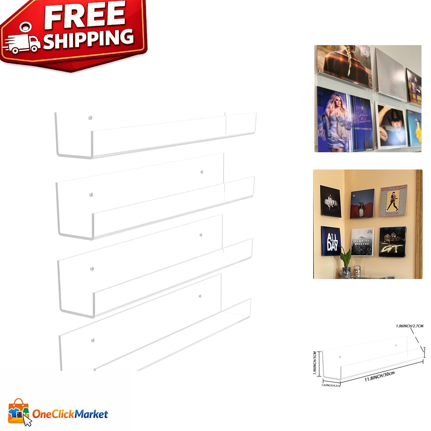 Elegant 4 Pack Acrylic Floating Shelves - 12” Wall-Mounted Display for All Rooms gallery