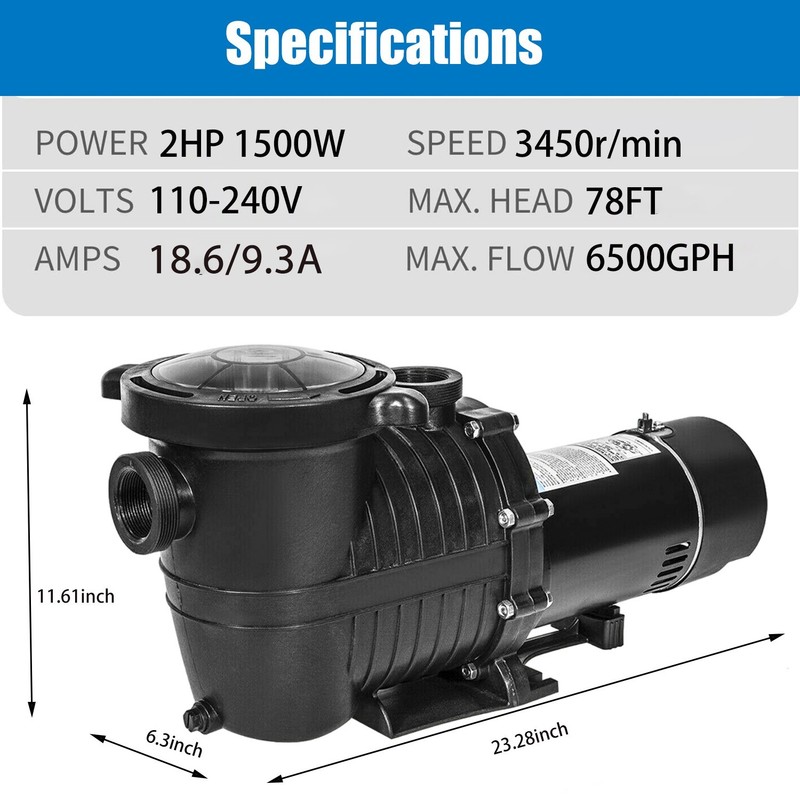 2HP Above/Inground Swimming Pool Pump Motor 6500GPH 79FT Hmax 110-240V Hayward gallery