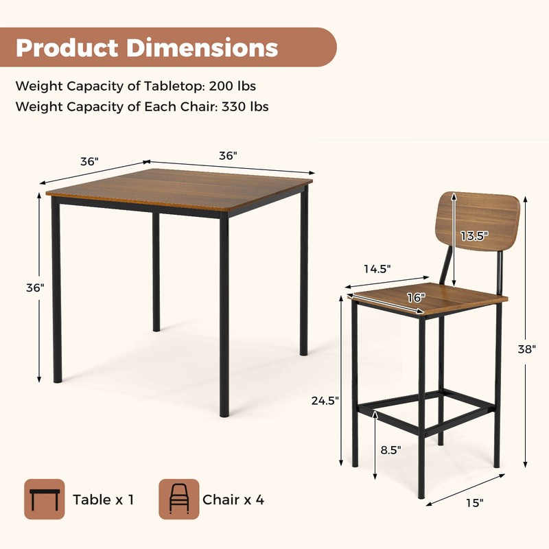 Costway 5PCS Dining Table Set W/ Counter Height Table & 4 Bar Stools W/ Footrest gallery