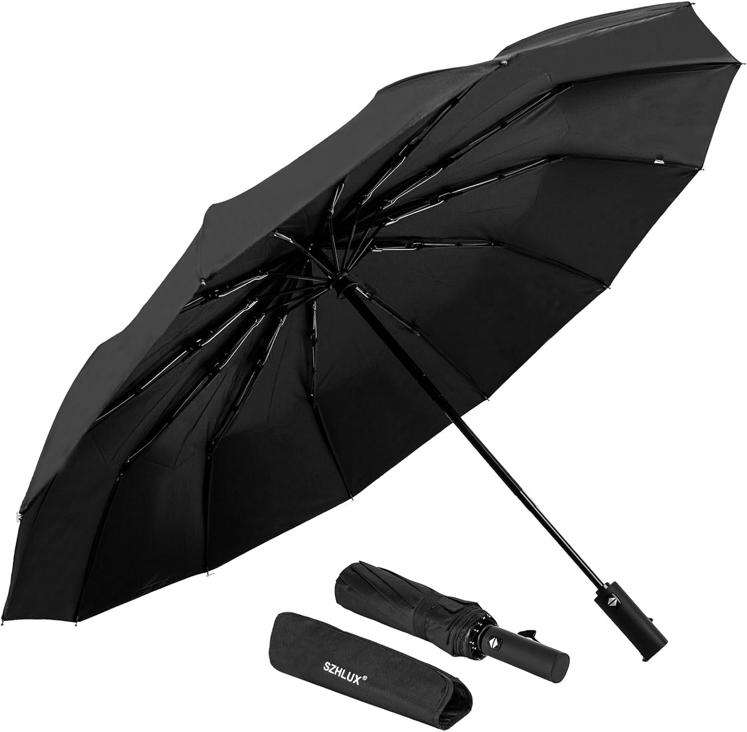 Travel Umbrella,12 Ribs Compact Windproof Folding Black Umbrella,Automatic gallery