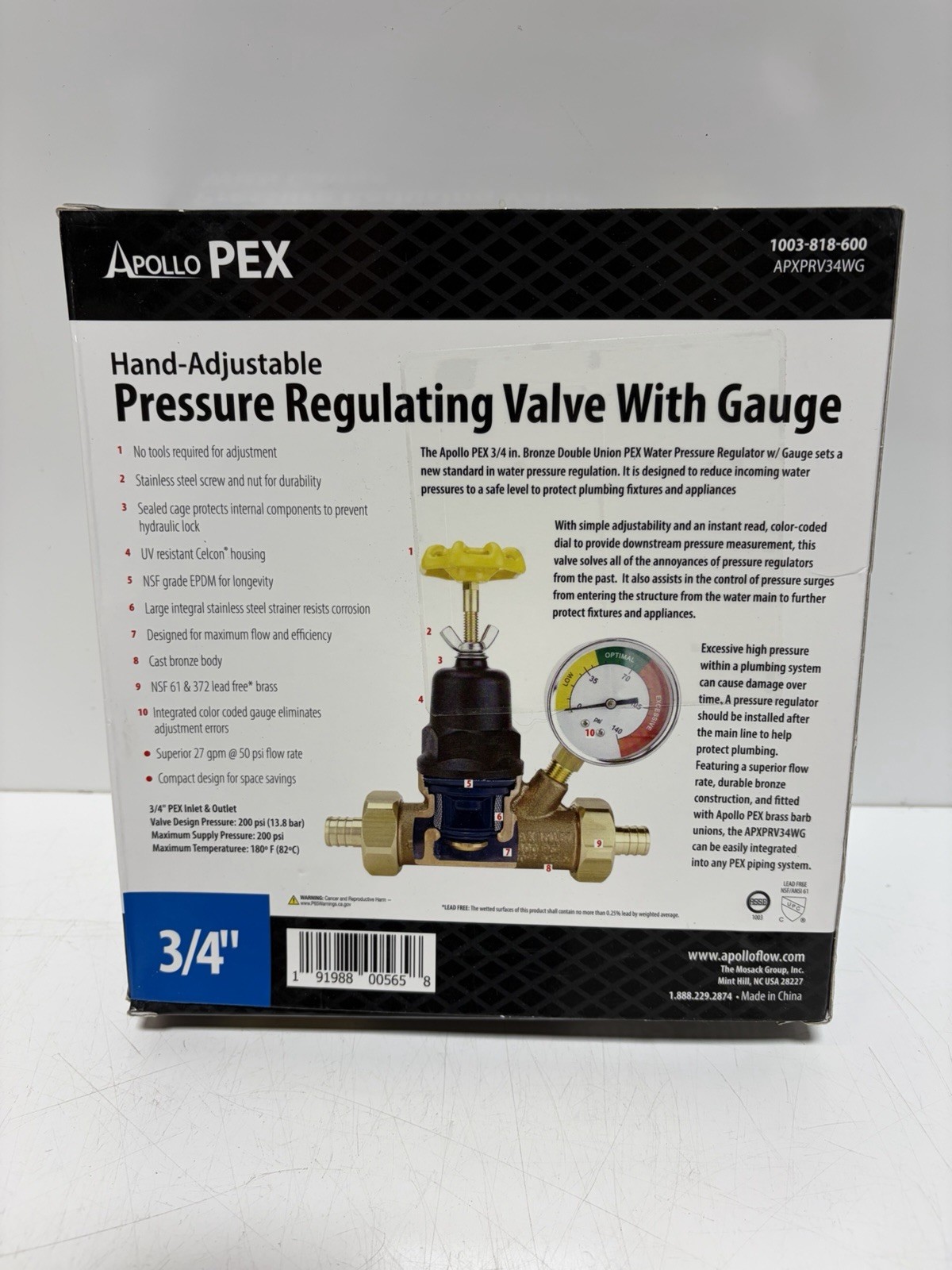 Apollo APXPRV34WG 3/4” Double Union PEX Water Pressure Regulator VALVE w/Gauge gallery