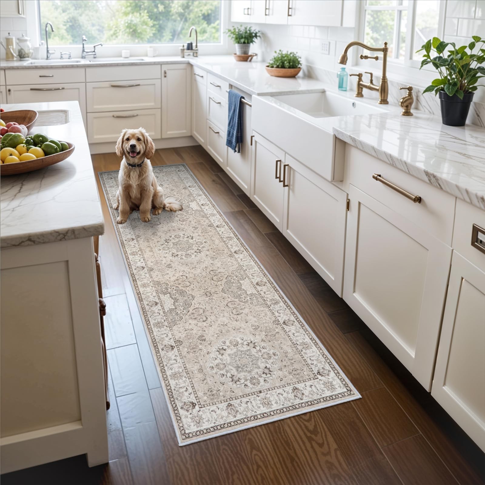 2x6 Hallway Washable Runner Rug : Vintage Soft 2' x 6' (Rectangular), Beige gallery