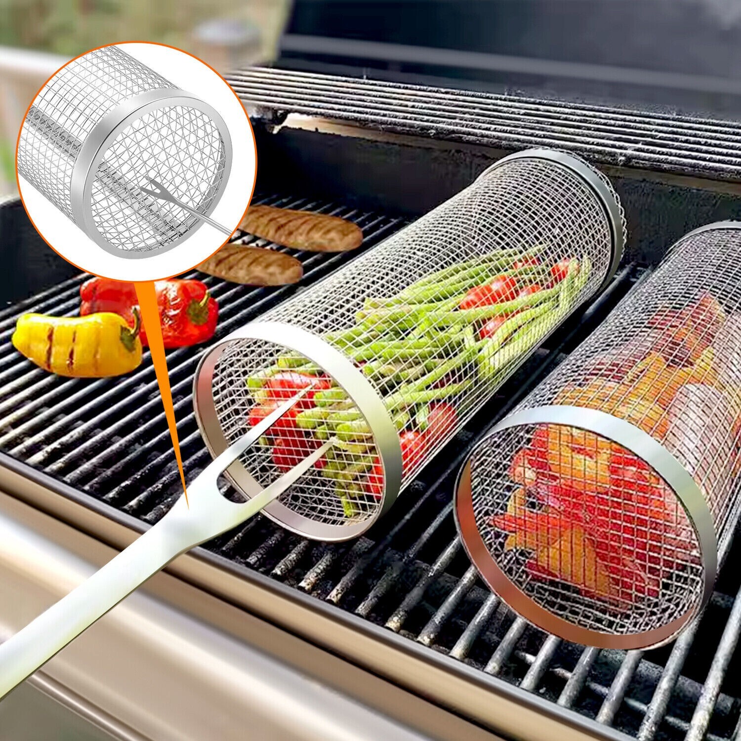 2 Pack Rolling Grilling Baskets Stainless Steel BBQ Gifts Outdoor Camping gallery
