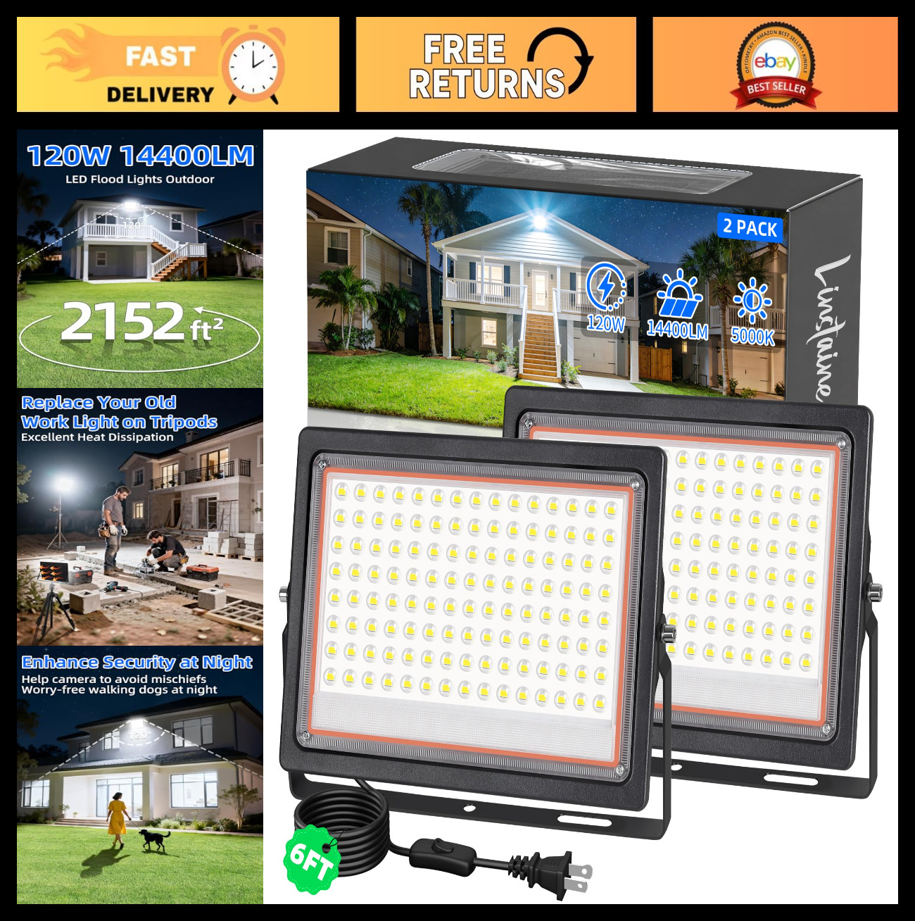 2 Pack 120W LED Flood Lights - IP66 Waterproof 14400LM Outdoor Work Light, 5000K gallery