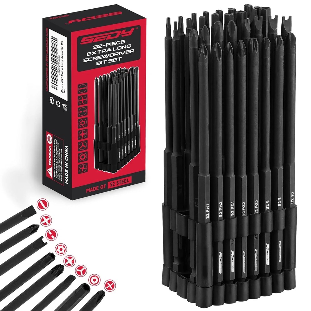 Extra Long Security Bit Set: 32-Piece S2 Steel Screwdriver Drill Bits for Tamper