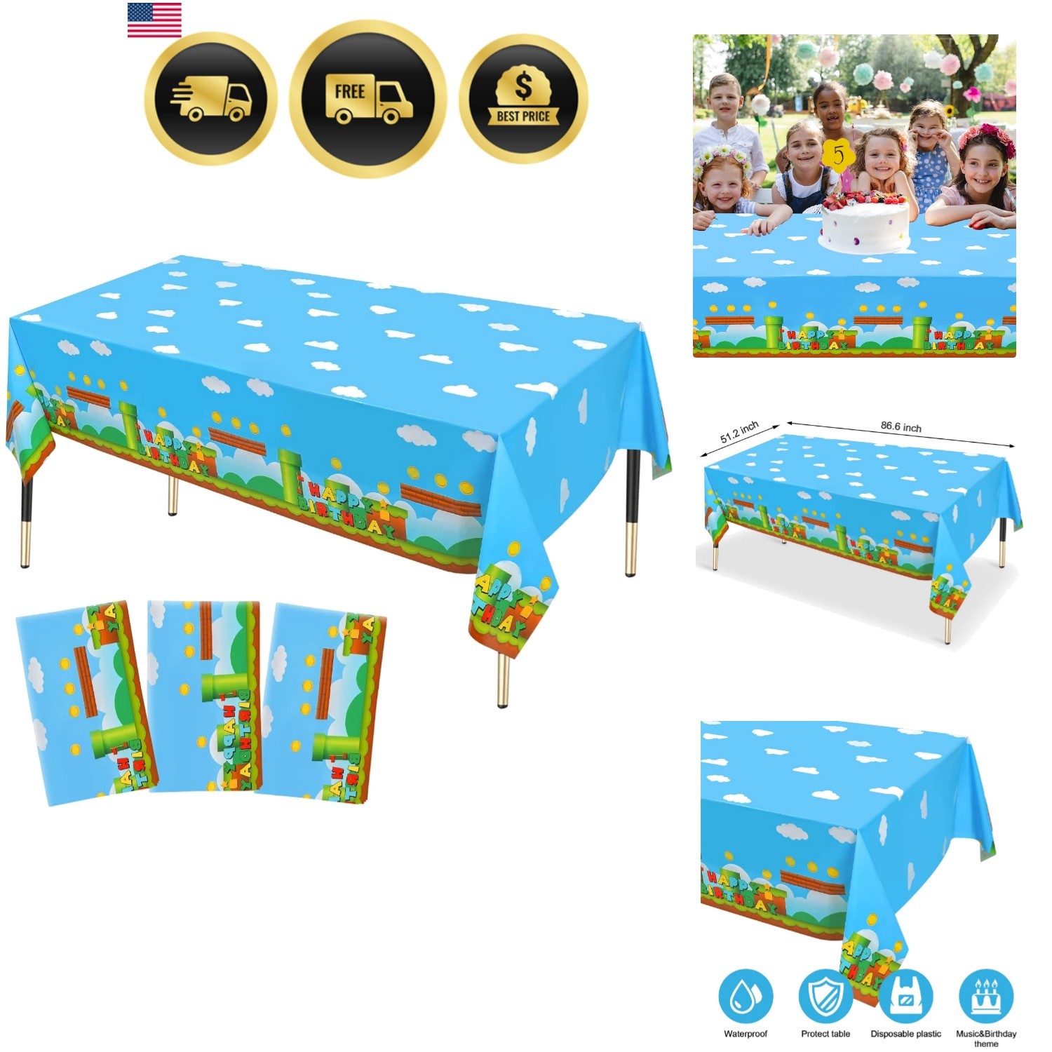 Video Games Party Tablecloth Plastic 3 Pack 86.6x51.2 Inches for Birthdays gallery