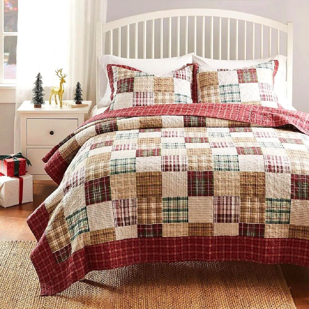 Quilt Set King Red Tan Patchwork Cotton Plaid Reversible Traditional Bedding