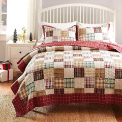 Quilt Set King Red Tan Patchwork Cotton Plaid Reversible Traditional Bedding