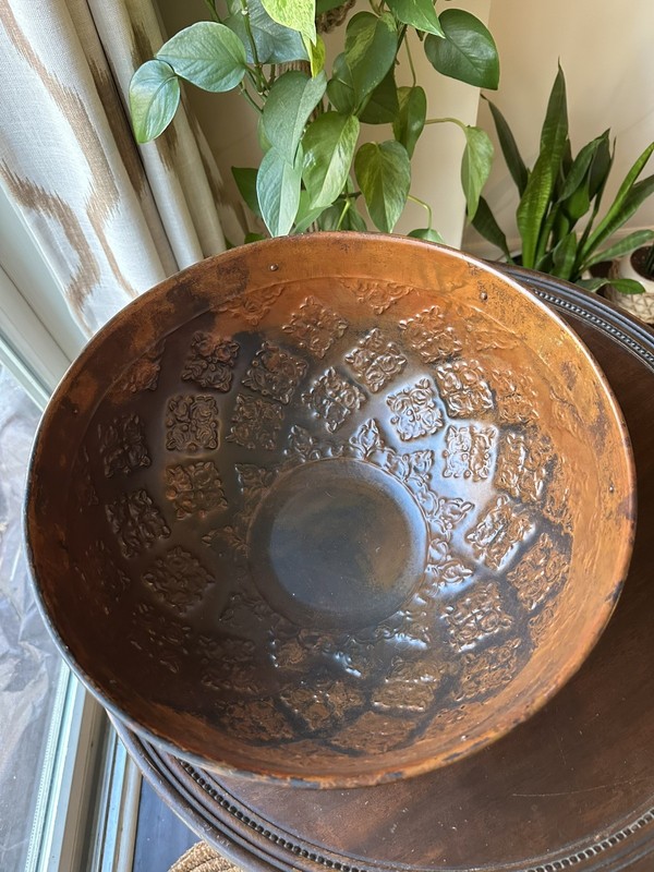 Embossed Rustic Metal Riveted Decorative Bowl With Handles HTF gallery