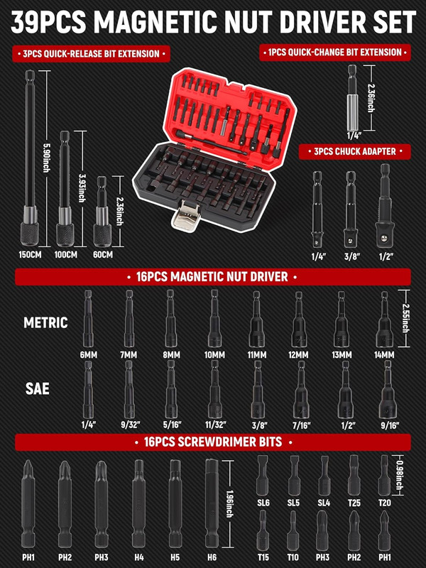 39PCS Magnetic Nut Driver Set, Impact Driver Bit Set 1/4", Metric & SAE Nut Driv gallery