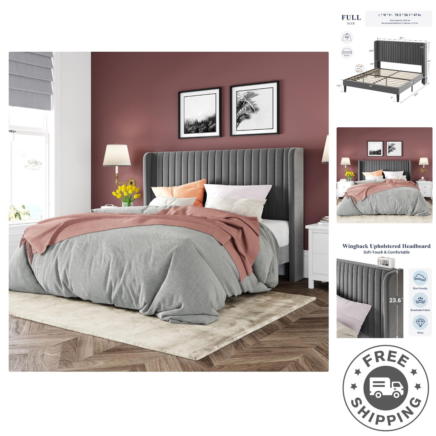 Elegant Full Size Vertical Channel Tufted Bed Frame - Squeak Resistant Support gallery