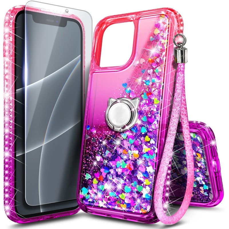 For iPhone 12/Mini/11/Pro Max Case Bling Liquid Glitter Cover + Tempered Glass gallery