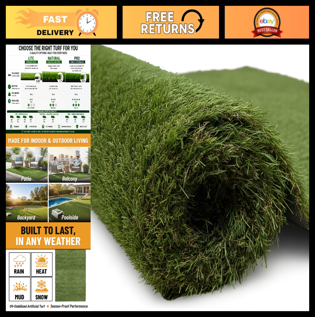 2'7" x 12' Artificial Grass Rug - Realistic Turf, UV Protected, Easy Drainage, D gallery
