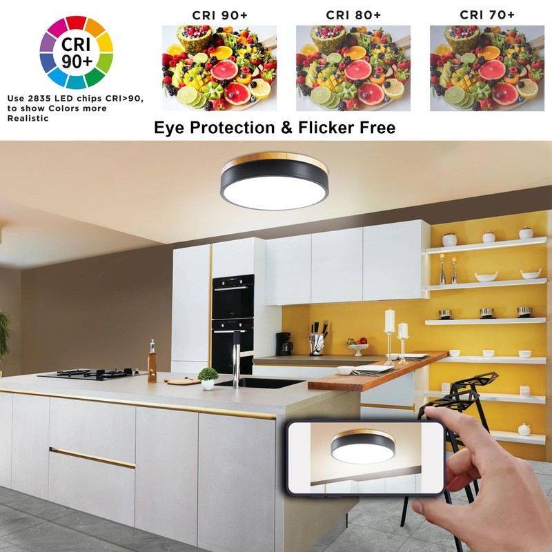 Dimmable LED Wood Flush Mount Ceiling Light Fixture 3000-6000K Tunnable 12 In... gallery