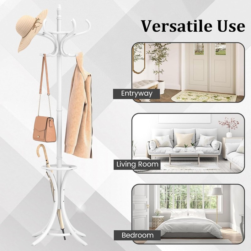 Wood Standing Hat Coat Rack with Umbrella Stand-Natural - Color: white gallery