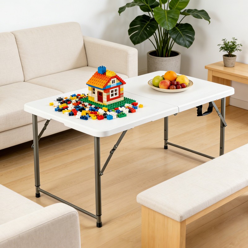 Folding Table Adjustable 4FT Plastic Table Picnic Camping w/Carry Handle White gallery