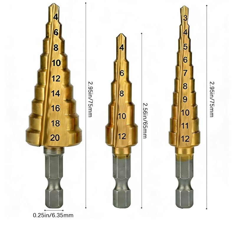 3PCS Titanium Coated HSS Step Drill Bits Set Ideal for Precise Drilling Offering gallery